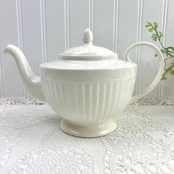 Noble Excellence Drape Cream Ironstone Teapot 32 Oz Ribbed Country Farmhouse - Picture 1 of 13